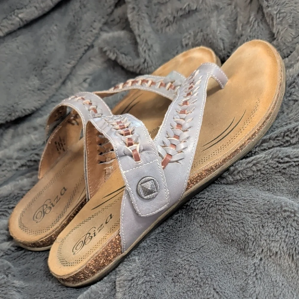 Biza Lexi thong sandals grey whiskey leather woven strap Boho Earthy Natural - Picture 4 of 13